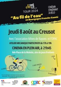 Affiche Au fil de l'eau Jeudi 8 août 2024 Atelier mécanique à 17h Ciné en plein air à 21h45 Rdv Place de la Molette